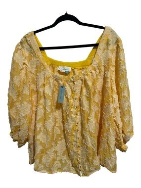 Anthropologie Yellow Floral Jacquard Puff-Sleeve Blouse
